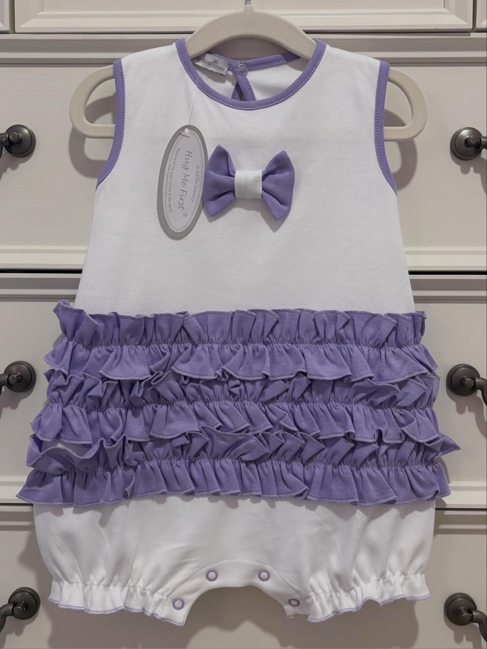 NWT Hug Me First (Baby Loren) White & Purple Ruffle Bow Romper Size 12-18 Months
